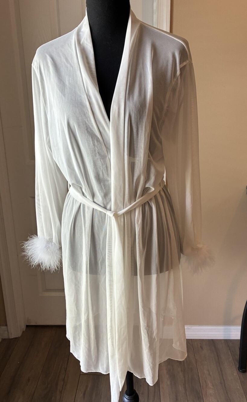 Sheer White Wrap Robe Featuring Marabou Feather Trim Size Medium Bridal Robe